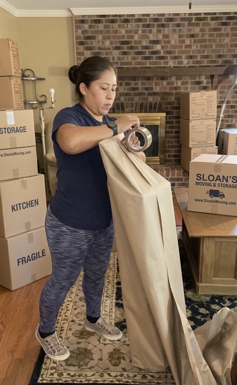 A Sloan's packer taping paper-wrapped furniture beside labeled Sloan's cartons