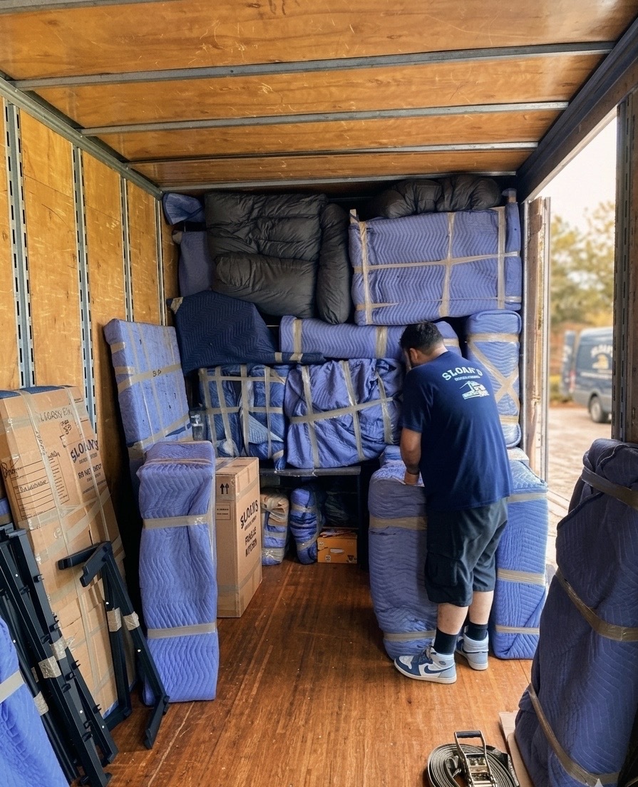 A Sloan's mover securing pad-wrapped furniture and cartons inside a moving truck