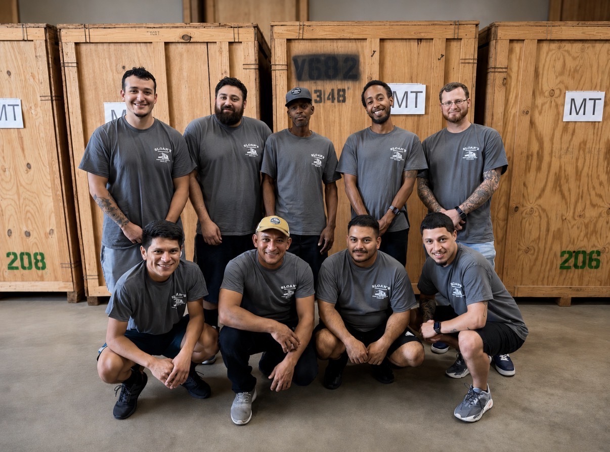 Team photo of the full Sloan's Moving & Storage crew in uniform inside the Manassas storage warehouse