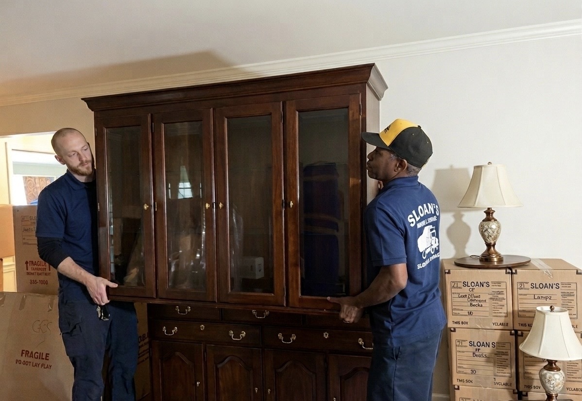Two Sloan's movers lifting a large china cabinet in a residential living room